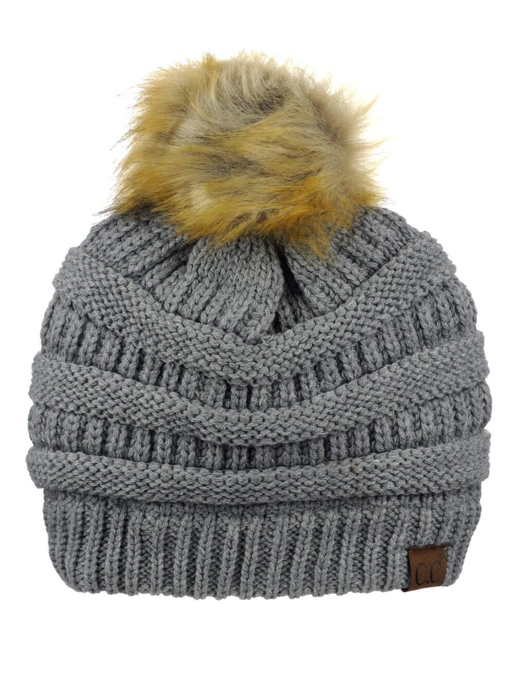 4831 Exclusive Soft Stretch Cable Knit Faux Fur Pom Pom Beanie Hat - Light